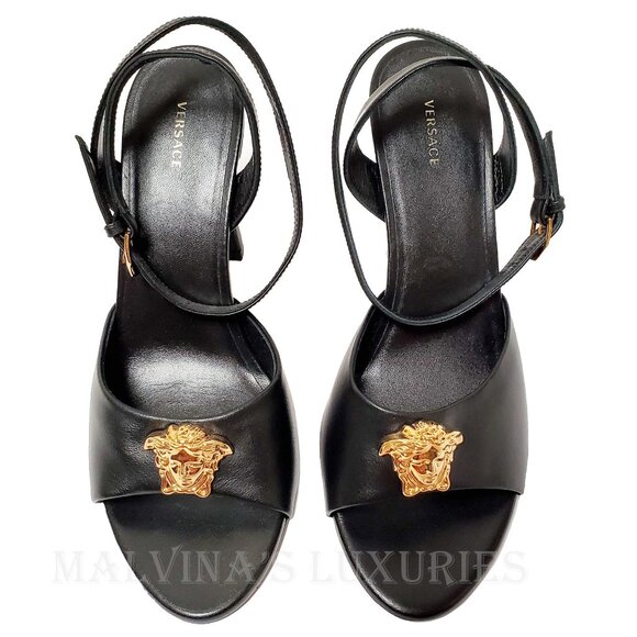 VERSACE SHOES BLACK LEATHER w MEDUSA HIGH HEEL SANDALS 38 / US 8 - Picture 3 of 12